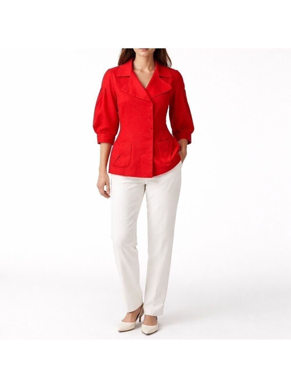 DALIA COLLECTION 100% Linen 1/2 Sleeve Red Snap Front Blazer Fully Lined Sz 10